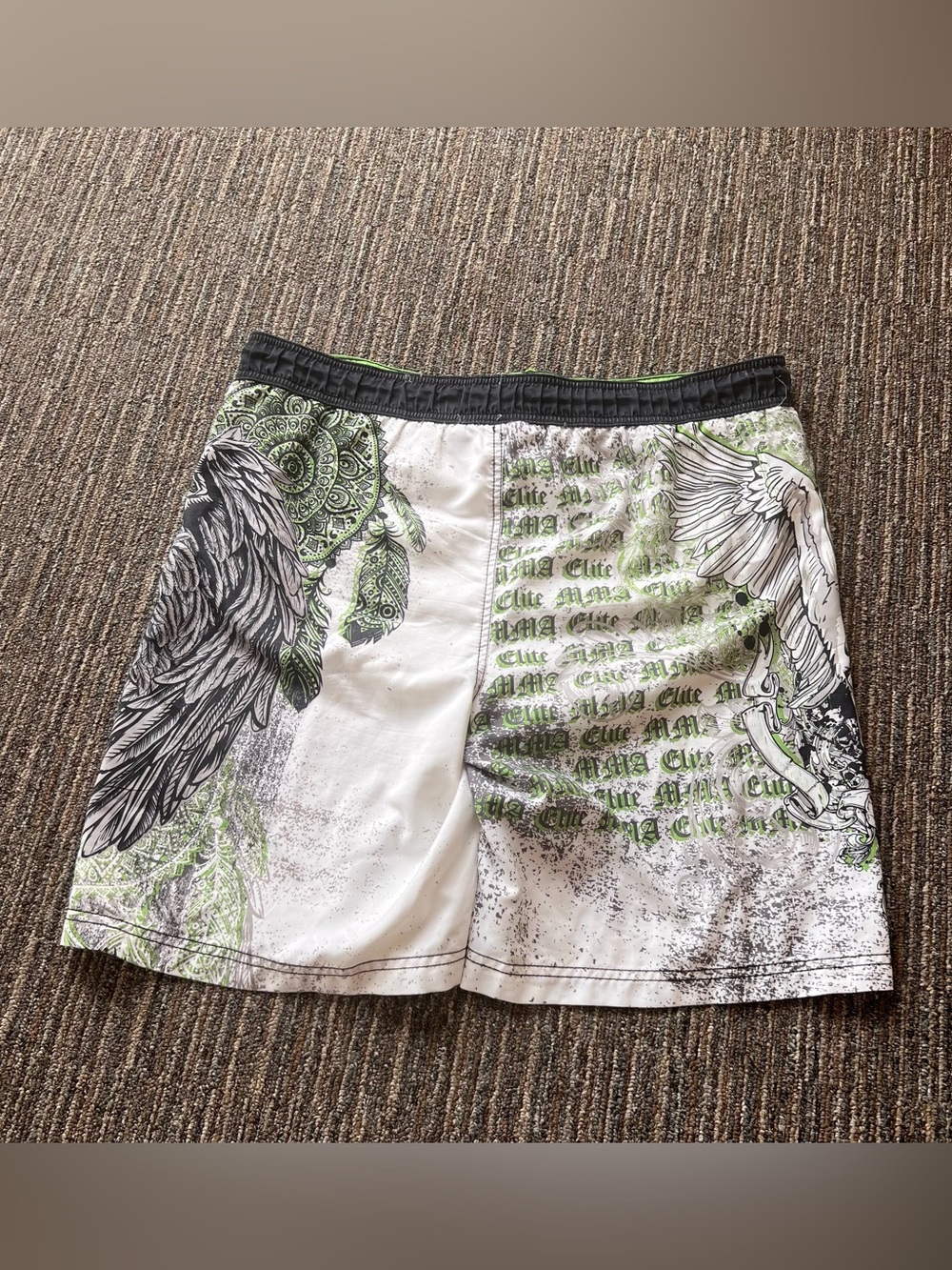 Y2K Vintage MMA Elite 2000s Sick gothic Eagle Skulls graphic swim shorts white